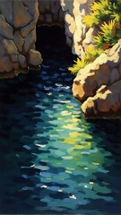 Tranquil Cove with Calming Waters and Rock Formations in Vibrant Sunset Light