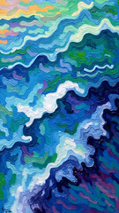 Vibrant Abstract Ocean Waves with Swirling Colors and Unique Artistic Style
