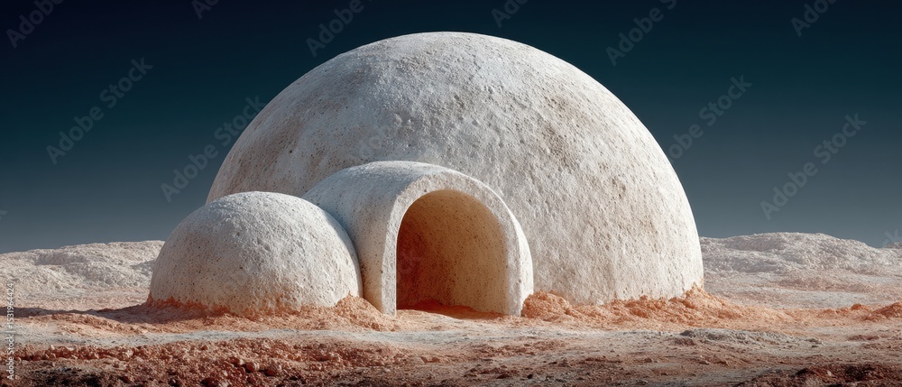 Poster sustainable lunar dome habitat with regolith texture reflecting mars colony concepts for off-world l