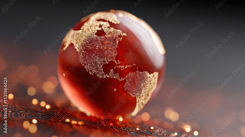 Leinwandbilder Digital Globe with Network Pattern on Hi-Tech Circuit Board Symbolizing Global Connectivity and Data Transfer for Technology Marketing