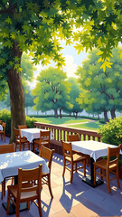 Serene Outdoor Café Setting Surrounded by Lush Green Trees and Scenic Landscape