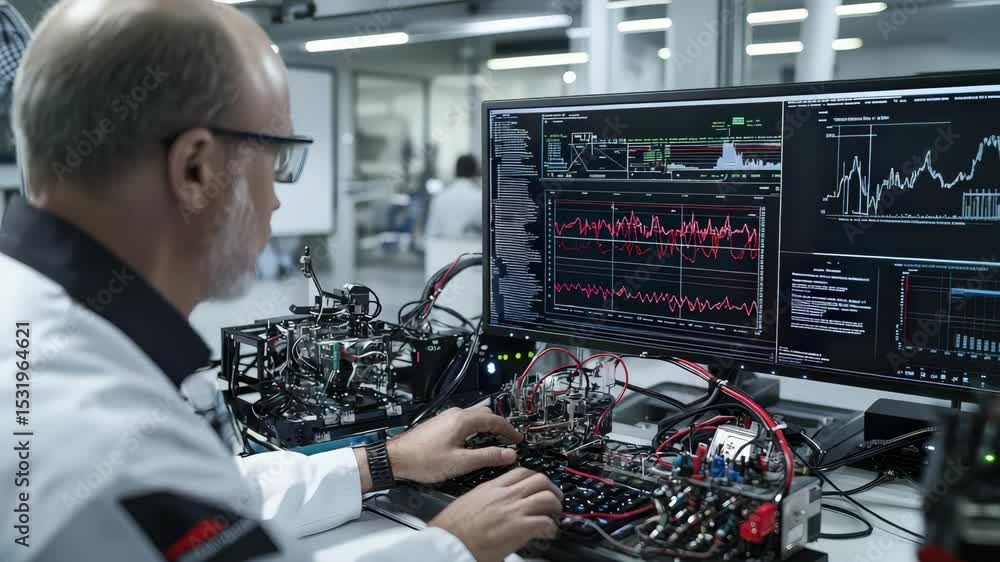 Poster A scientist operates advanced electronic equipment and monitors complex data graphs on a large computer screen in a laboratory.