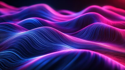 Abstract 3D neon sound wave with blue purple light effects on black background, dynamic glowing lines for music visuals or electronic dance party designs