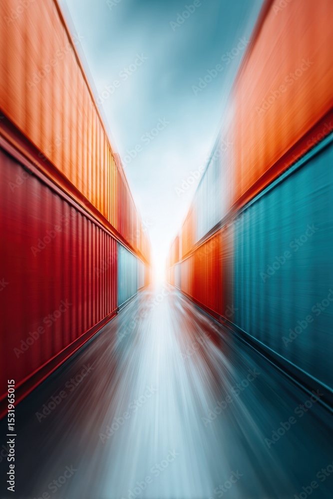 Poster dynamic shipping containers in motion representing multinational trade and tariff rates on industria