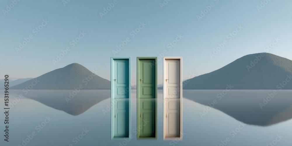 Poster modern sturdy door designs in soft pastel colors with reflective surfaces for architectural visualiz