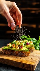 Close-up of chia seeds falling on vibrant avocado toast in a rustic kitchen setting