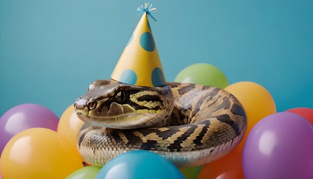 a python snake wearing a party hat with balloons in background