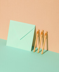 Pastel color trend. Pens and envelope. Creative layout