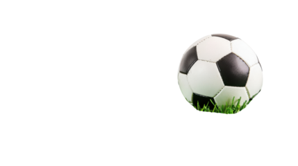 Classic black and white soccer football ball on fresh green grass patch isolated on white background
