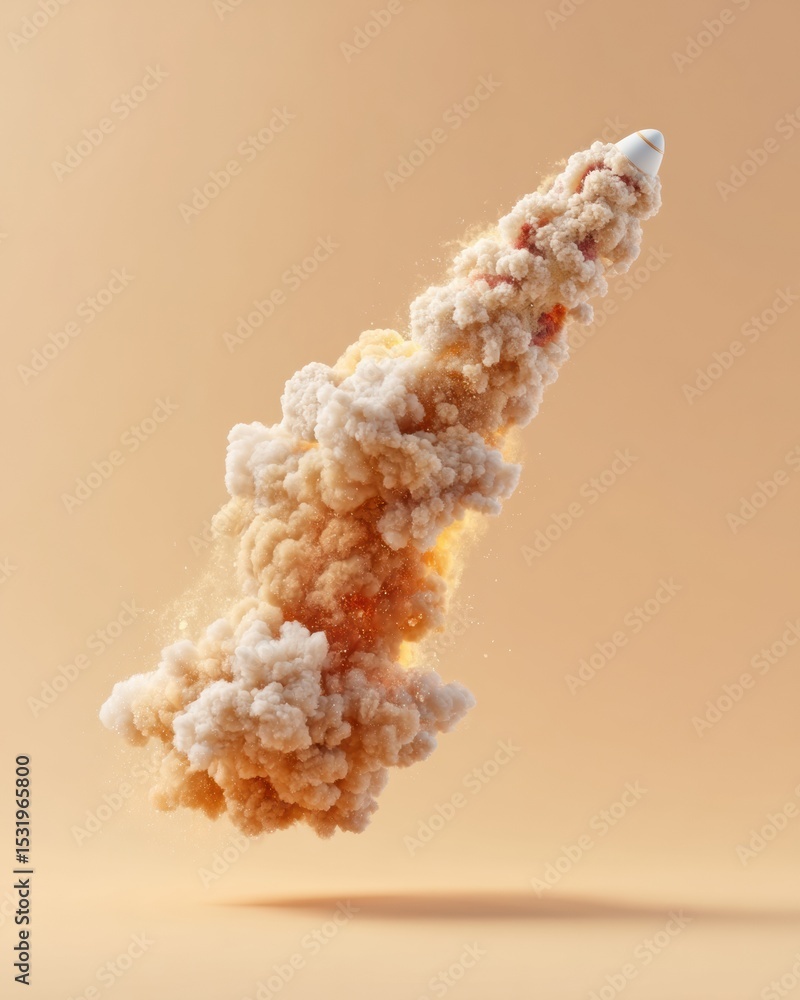Poster high-speed rocket launch with realistic smoke and fiery trail effect on neutral background for aeros