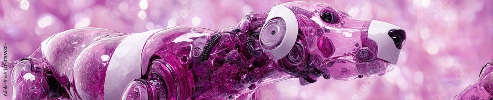 Poster transparent purple robot dog toy with articulated joints and mechanical details on pink background f