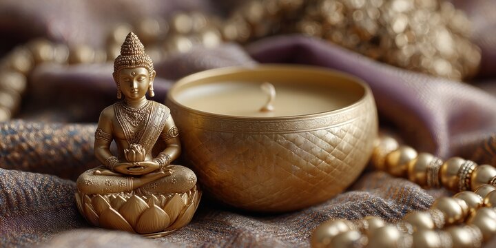 Ornate Sacred Lotus Lakshmi Statue with Carved Candle and Beaded Accessories for Spiritual Events and Prosperity Ritual Marketing