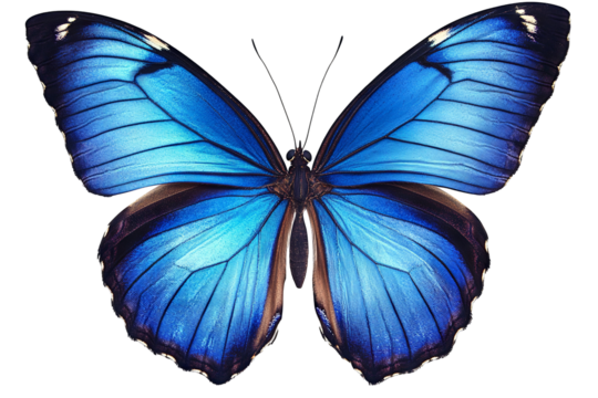 High-resolution vivid blue butterfly on white background — transparent PNG cutout element for nature graphics, educational posters, and creative design projects