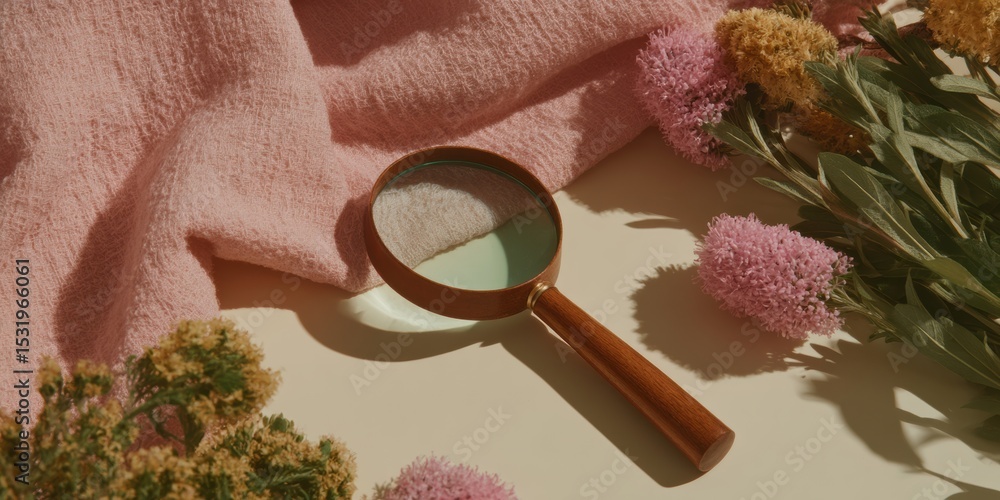 Poster Recovery Phrase Magnifying Glass with Wooden Handle on Textured Surface for AI Language Processing and Semantic Analysis - Modern Tech Visualization