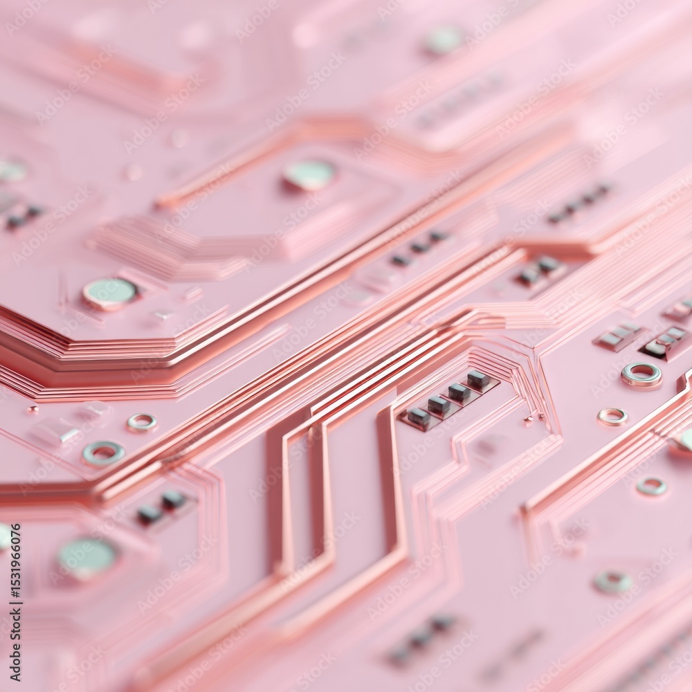 Poster pink quantum circuit board close-up with intricate copper pathways highlighting advanced digital inf