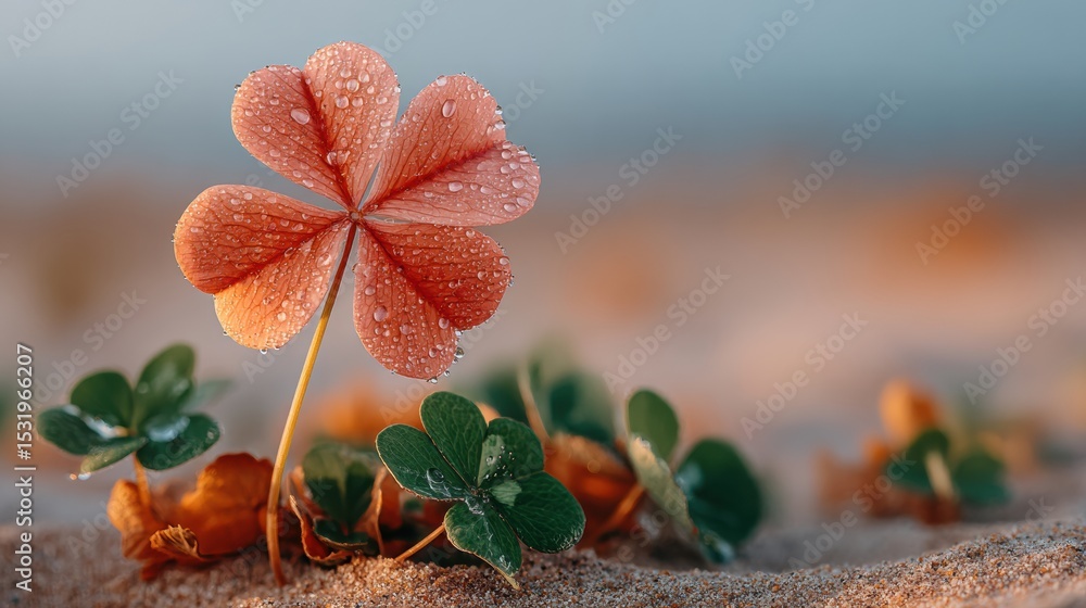 Aufkleber morning dew on rare four-leaf clover standing out in natural field symbolizing unique luck and excep