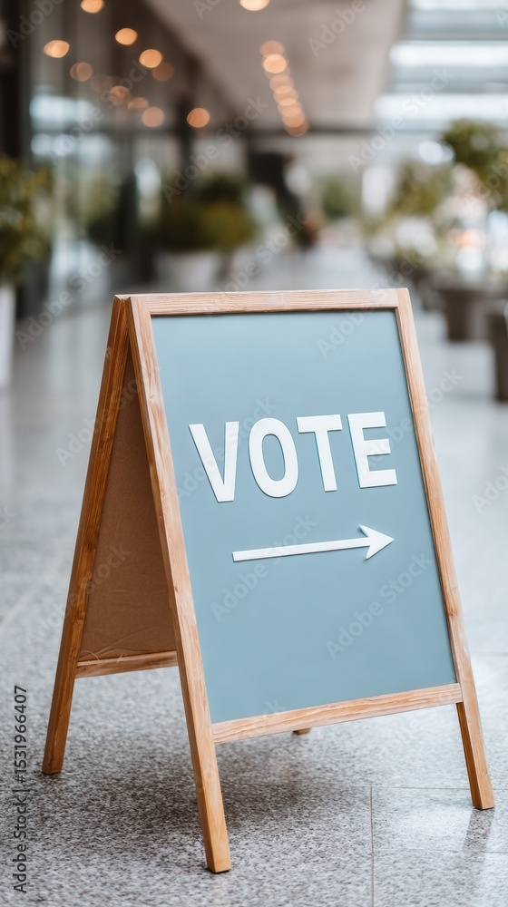 Aufkleber modern wooden a-frame voting sign with directional arrow on urban pathway promoting accessible democ