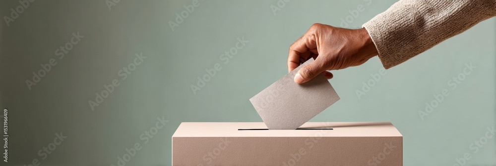 Poster Minimalist Voting Scene Showing Hand Placing Ballot into Box on Plain Surface Highlighting Secure Trust and Accountability in Modern Elections