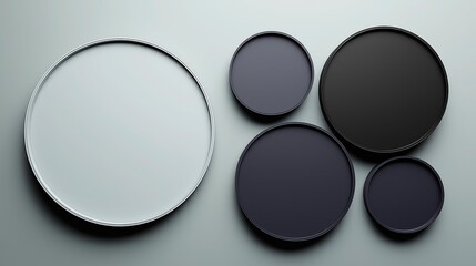 Matte Black 3D Circular Shapes on Light Gray Surface, Flat Lay Arrangement for UI Design, Product Visualization and Packaging
