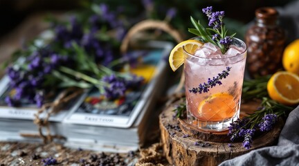 summer cocktail bohemian. A refreshing drink garnished with herbs and citrus, surrounded by lavender and tarot cards, evokes a cozy, mystical atmosphere.