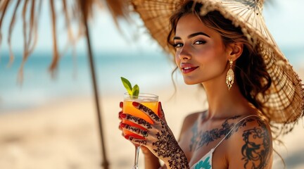 summer cocktail bohemian. Woman with tattoos enjoys a colorful drink on the beach, wearing a hat and surrounded by a relaxed, sunny atmosphere.