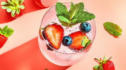 Refreshing berry-infused water with mint and fruit on a sunny day