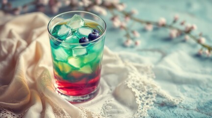 summer cocktail bohemian. A vibrant, layered drink with ice, garnished with blueberries, sits on a soft, textured surface beside delicate floral accents.
