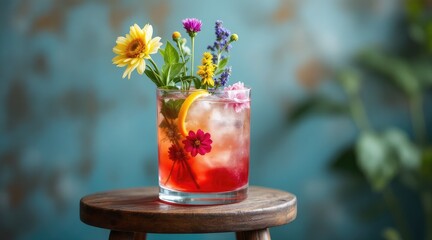summer cocktail bohemian. A vibrant cocktail garnished with colorful flowers sits on a wooden stool against a soft blue background, creating a refreshing and artistic presentation.