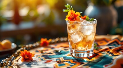 summer cocktail bohemian. A refreshing cocktail garnished with vibrant flowers sits on a decorative table, bathed in warm sunlight.