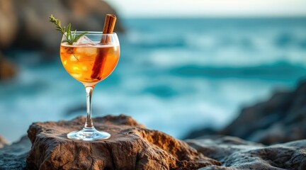 summer cocktail bohemian. A refreshing cocktail on a rocky surface, with waves in the background, evoking a relaxing beach atmosphere.