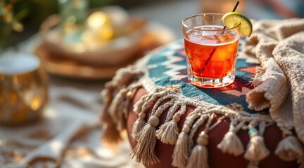 summer cocktail bohemian. A vibrant cocktail sits on a decorative table with intricate textiles, embodying a cozy and inviting atmosphere.