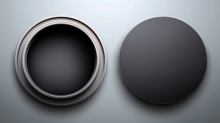 Black Circular Button with Plastic Rim on Gray Background, Top View Mockup for Product Packaging and UI Design
