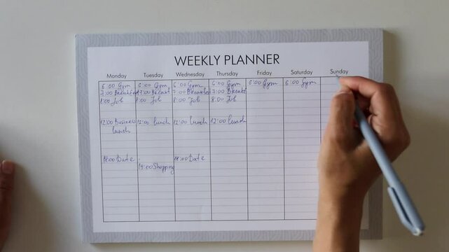 A woman's hand writes down events on a weekly planner. Making a plan for the week