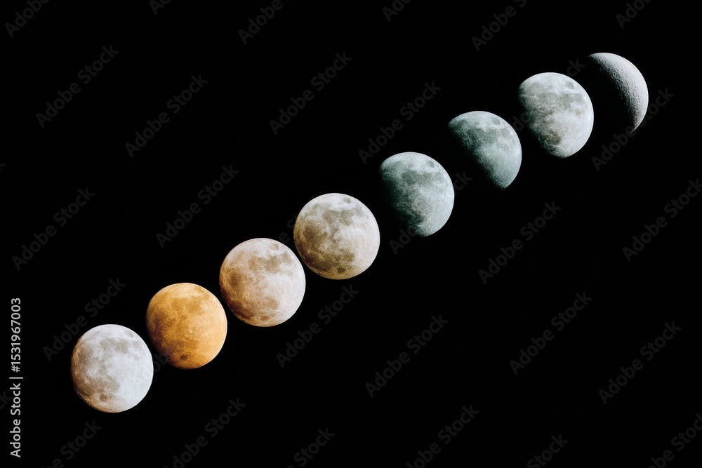Poster vertical moonrise sequence showing lunar phases from new moon to full moon in night sky for astronom