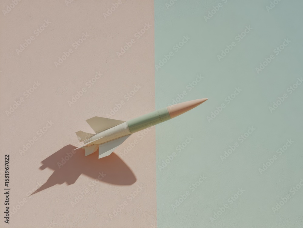 Poster modern missile defense system with detailed warhead and fins on minimalist split pastel background s