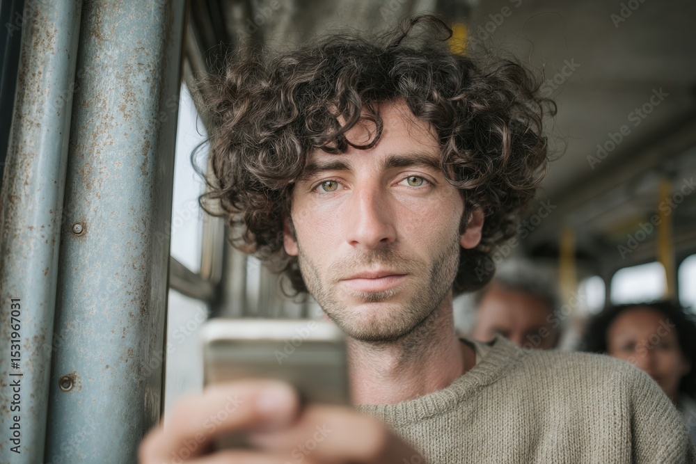 Poster modern young professional using smartphone on public bus during commute, showcasing digital producti