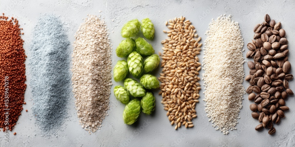 Aufkleber rustic mash bill display with various beer-making grains and hops cones highlighting brewing ingredi