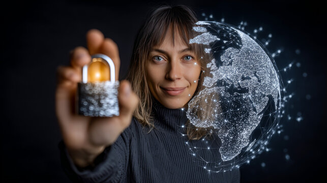 Business woman holding  padlock in hand on binary background. Global networking connection background. Network security and data protection.