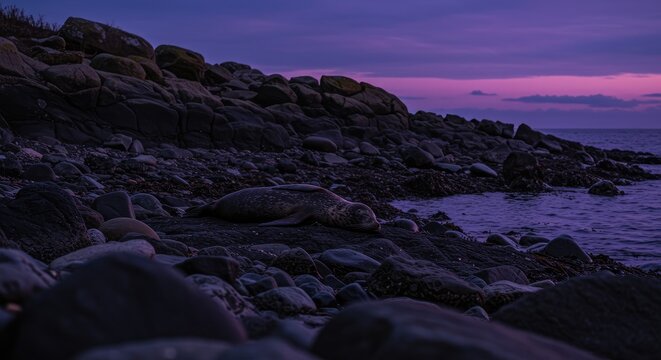 A seal resting on a rocky shoreline at twilight