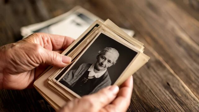 Hands holding old photographs featuring portraits of elderly women on a wooden surface, reminiscing, family history, nostalgia.