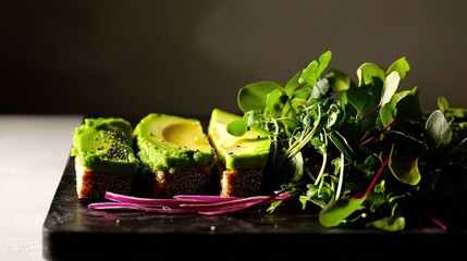 Close-up of fresh avocado toast with microgreens and chia seeds on a dark serving slate