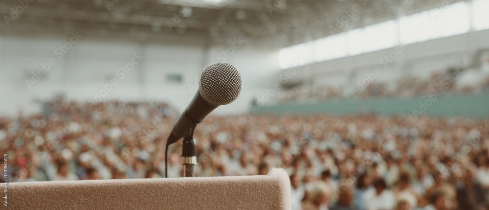 Aufkleber close-up of microphone on podium with blurred audience at conference hall symbolizing public speakin