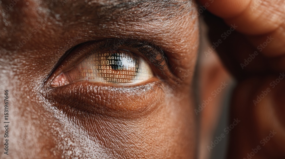 Poster inclusive human eye close-up with binary code overlay symbolizing ai ethics and human oversight in d