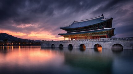 Joseon Dynasty Gyeongbokgung Palace Gate with Ornate Roof and Stone Bridge at Sunset - Korean Cultural Heritage and Historic Travel Landmark
