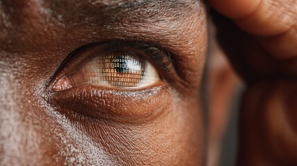 Inclusive human eye close-up with binary code overlay symbolizing AI ethics and human oversight in digital innovation for responsible technology