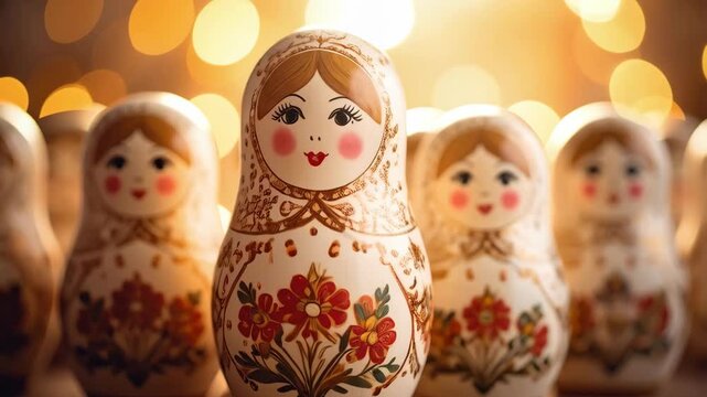 Set of vintage wooden nesting dolls with flowers arranged on a rustic wooden surface, warm bokeh lights in background.