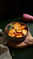 Delicious sweet potato chips arranged on a rustic board with rosemary and sea salt