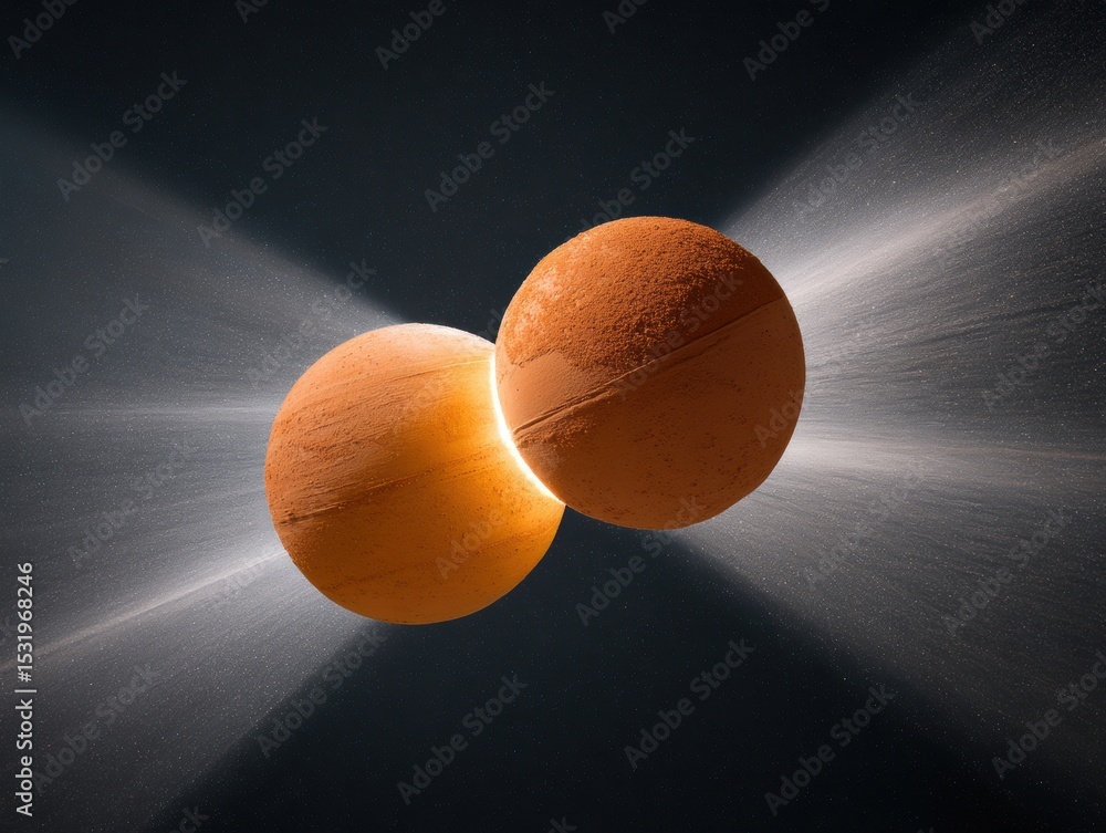 Poster Quantum entanglement visualization with two textured energy spheres connected by luminous streams in cosmic space for scientific research and tech innovation