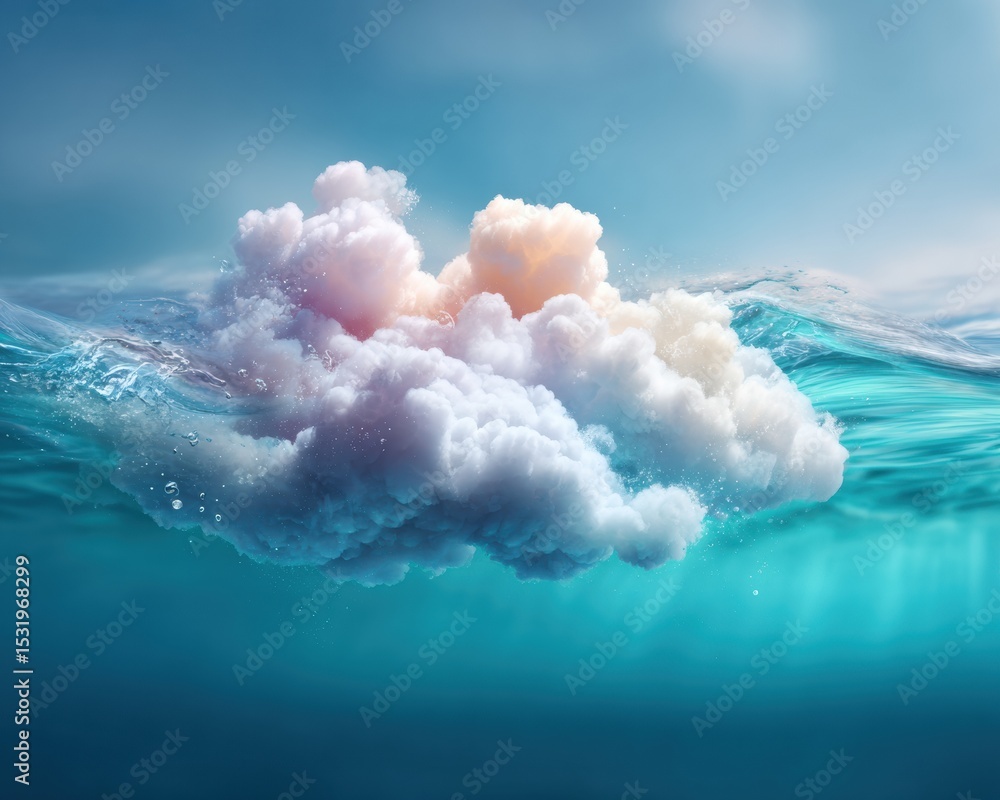 Poster Surreal Cloud Floating on Ocean Water Surface in Soft Light Atmosphere - Modern Digital Art for Creative and Inspirational Concepts
