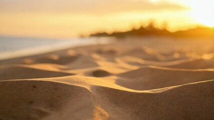 Tranquil beach scene featuring warm light on textured sand and distant trees during golden hour at a coastal location. - Powered by Adobe